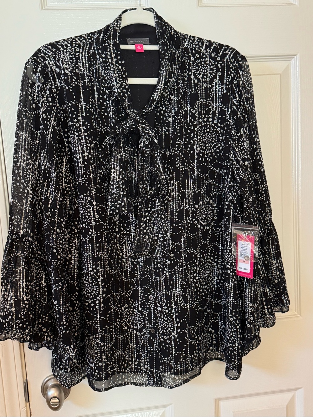 Vince Camuto Black & White Dot-Print Tie-Neck Blouse
